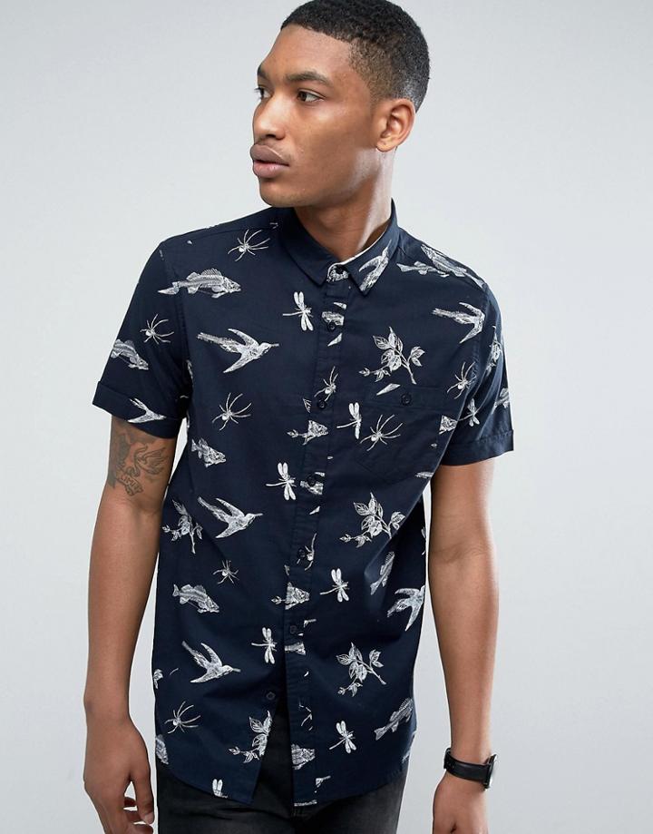 Brave Soul Fish And Dragonfly Short Sleeved Shirt - Navy
