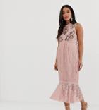 Hope & Ivy Maternity Embroidered Lace Ruffle Pencil Dress With Ruffle Hem In Pink - Pink