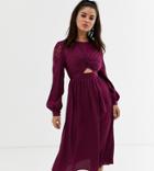 Little Mistress Petite Satin Midi Dress With Cut Out Waist In Mulberry