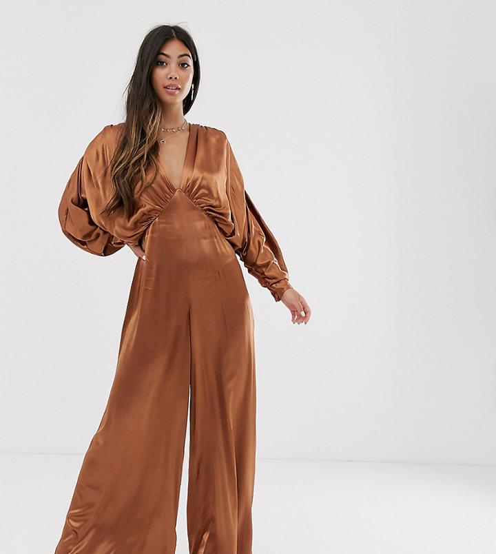 Asos Edition Petite Ruched Batwing Satin Jumpsuit-orange