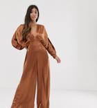 Asos Edition Petite Ruched Batwing Satin Jumpsuit-orange