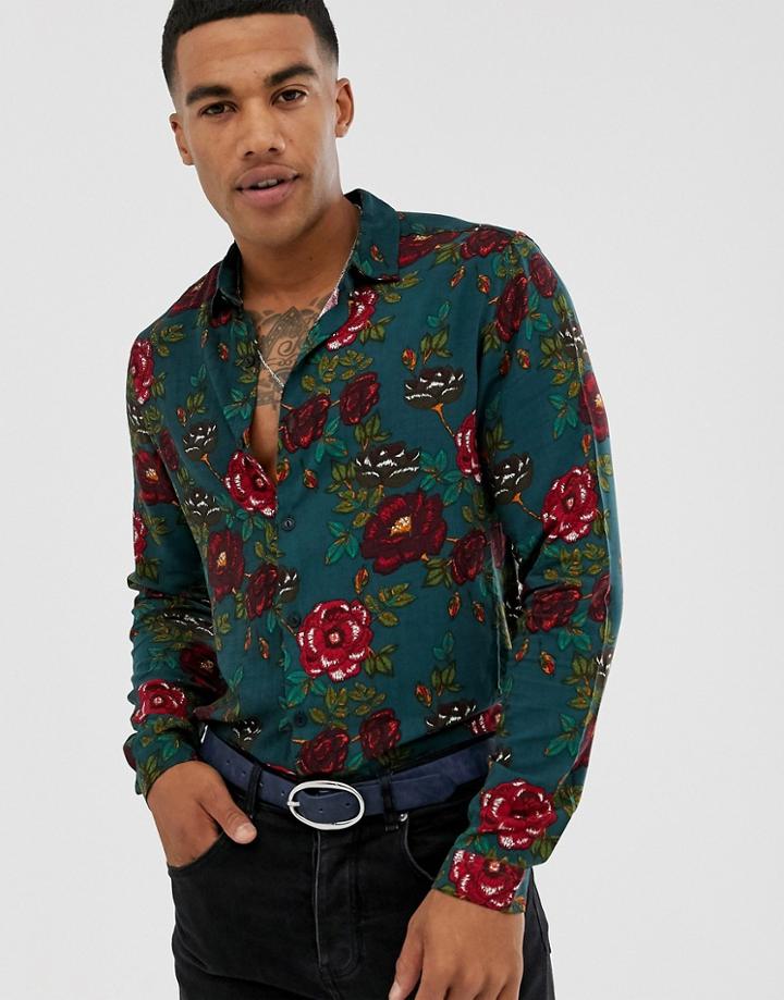Asos Design Regular Floral Shirt In Blue - Blue