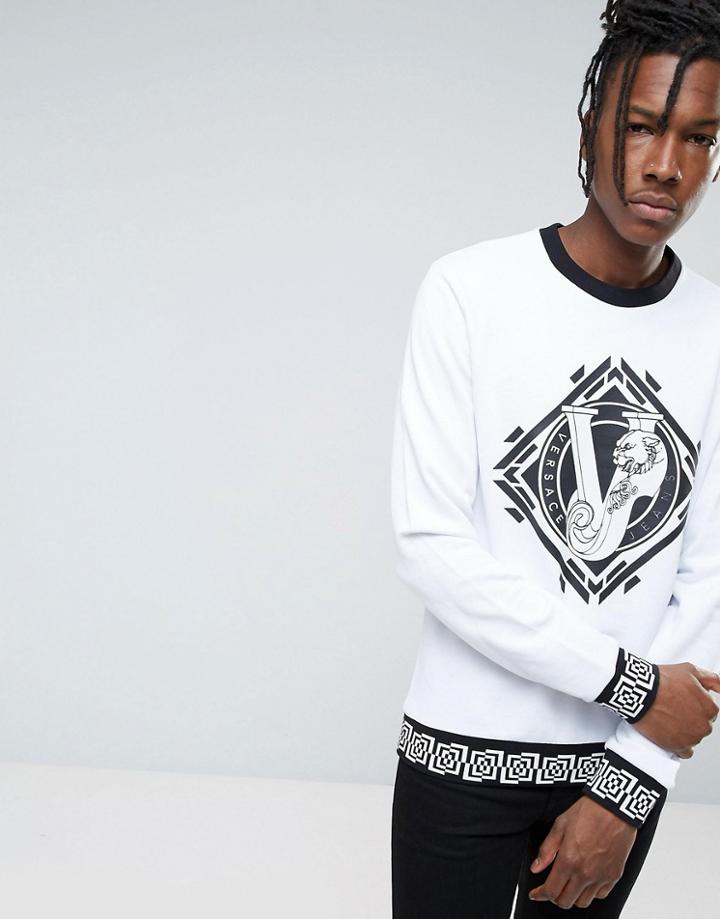Versace Jeans Sweatshirt In White With Greek Key Print Logo - White