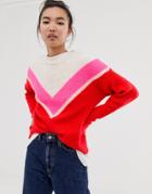 New Look Chevron Sweater In Neon Stripe - Red