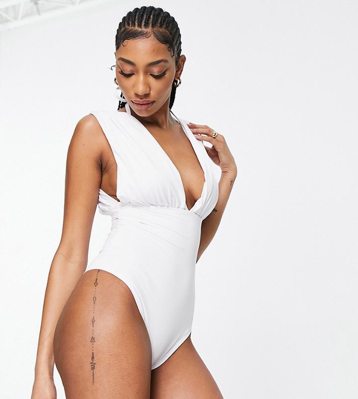 Asos Design Tall Recycled Gathered Plunge Swimsuit In White