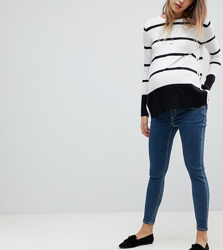 Asos Design Maternity Ridley High Waist Skinny Jeans In Mid Blue Wash With Under The Bump Waistband