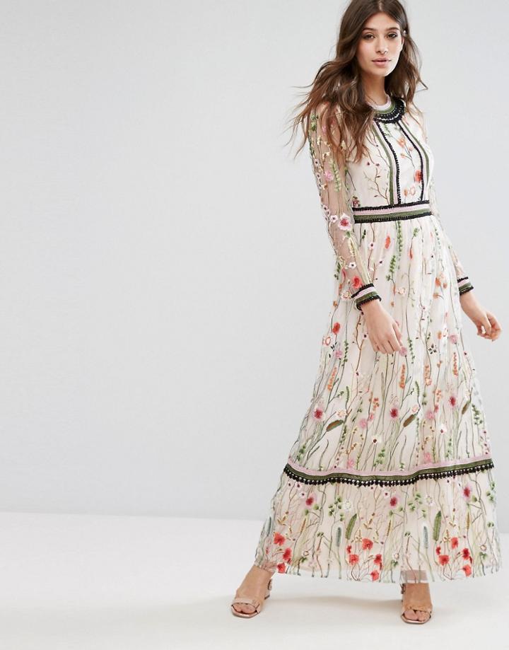 Miss Selfridge Premium Embroidered Lace Detail Maxi Dress - White