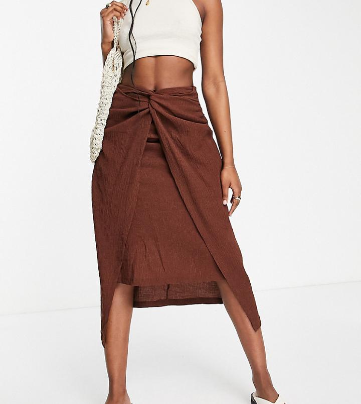 Stradivarius Knot Front Midi Skirt In Chocolate-brown
