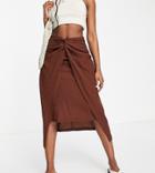 Stradivarius Knot Front Midi Skirt In Chocolate-brown