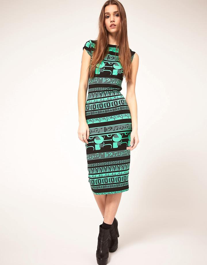 Asos Bodycon Dress In Letter Print - Green