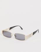 Asos Design Rectangle Sunglasses In Gold With Flame Arm Detail And Smoke Lens