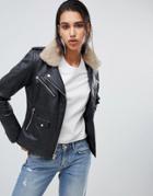 Goosecraft Leather Biker Jacket With Faux Fur Collar-black