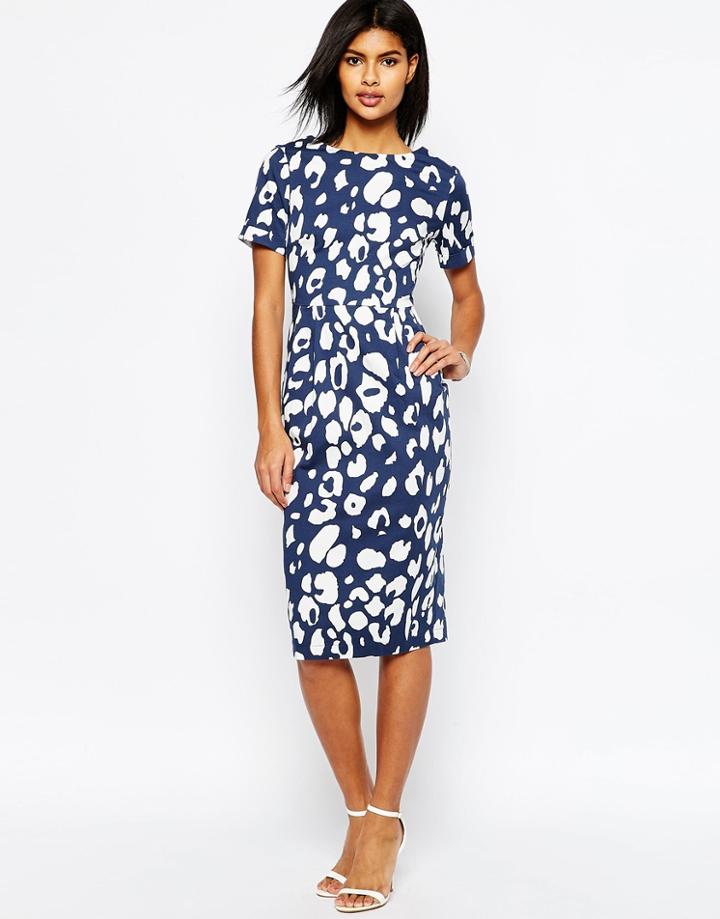 Asos Wiggle Dress In Navy Animal Print - Multi