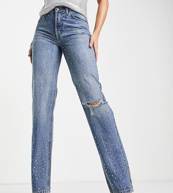 Asos Design Tall Organic Cotton Blend Low Rise Straight Leg Jean In All Over Rhinestone Hotfix With Ripped Knee-blues