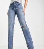 Asos Design Tall Organic Cotton Blend Low Rise Straight Leg Jean In All Over Rhinestone Hotfix With Ripped Knee-blues