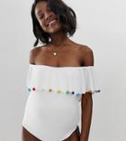 Asos Design Maternity Recycled Pom Pom Frill Off Shoulder Swimsuit In White - White