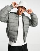 Asos Design Hooded Quilted Bomber Jacket In Gray-green