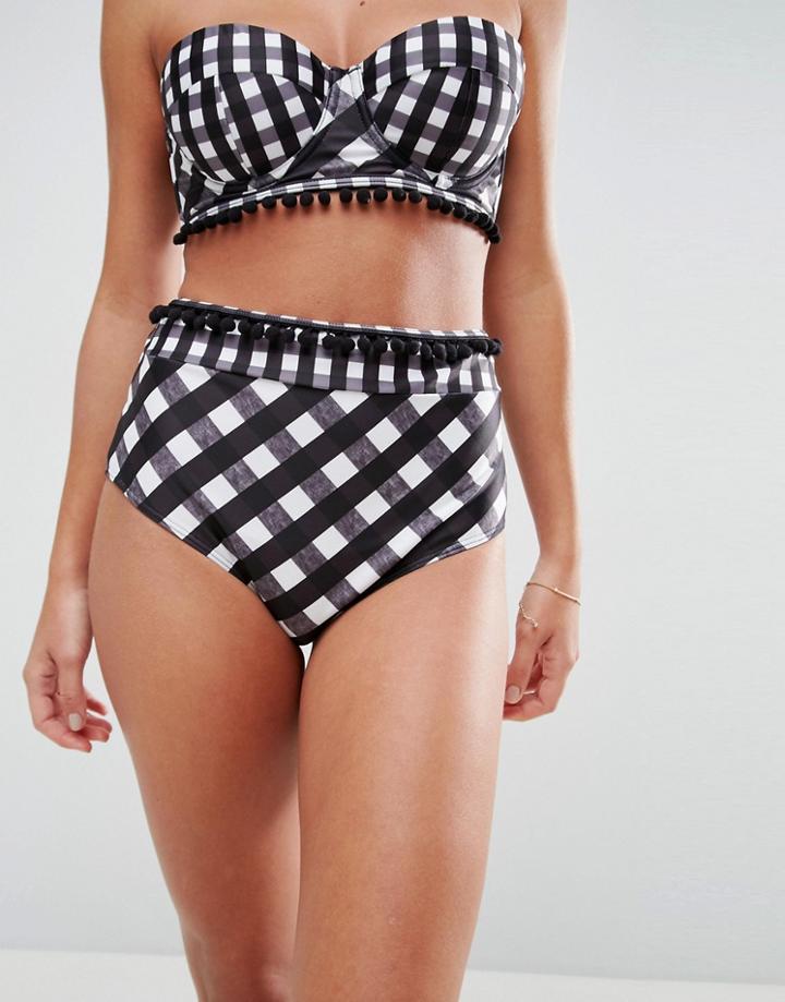 Asos Mix And Match Mixed Gingham Pom Pom High Waist Bikini Bottom - Multi
