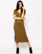 Asos Ribbed V-neck Column Midi Dress - Khaki