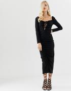 Asos Design Ruched Midi Dress With Lace Up Neck - Black