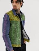 Asos Design Denim Jacket In Leopard Color Block - Multi