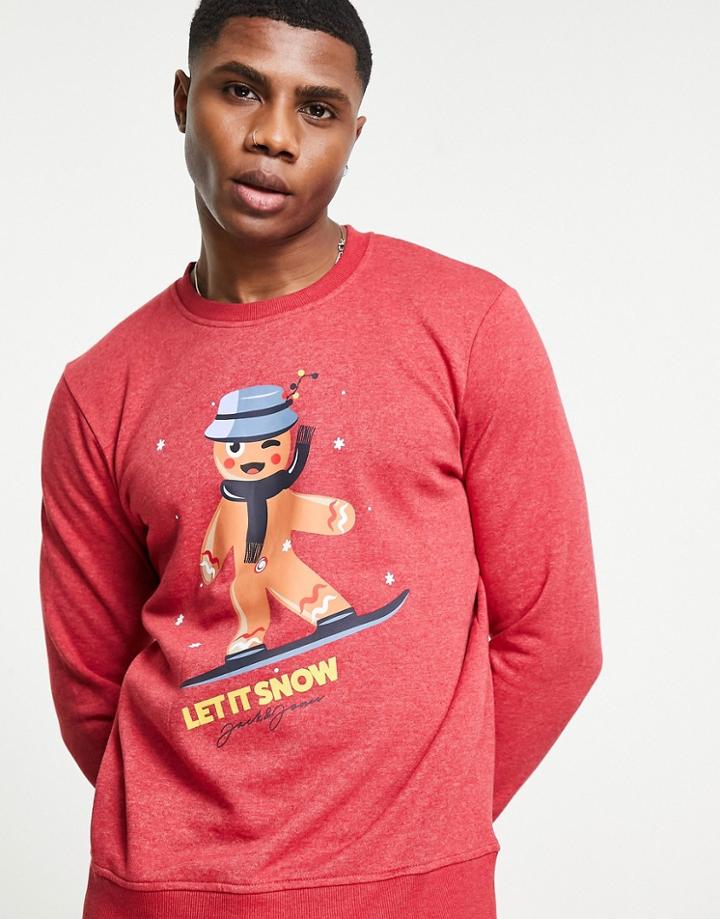 Jack & Jones Originals Christmas Sweatshirt With Gingerbread Man Print In Red