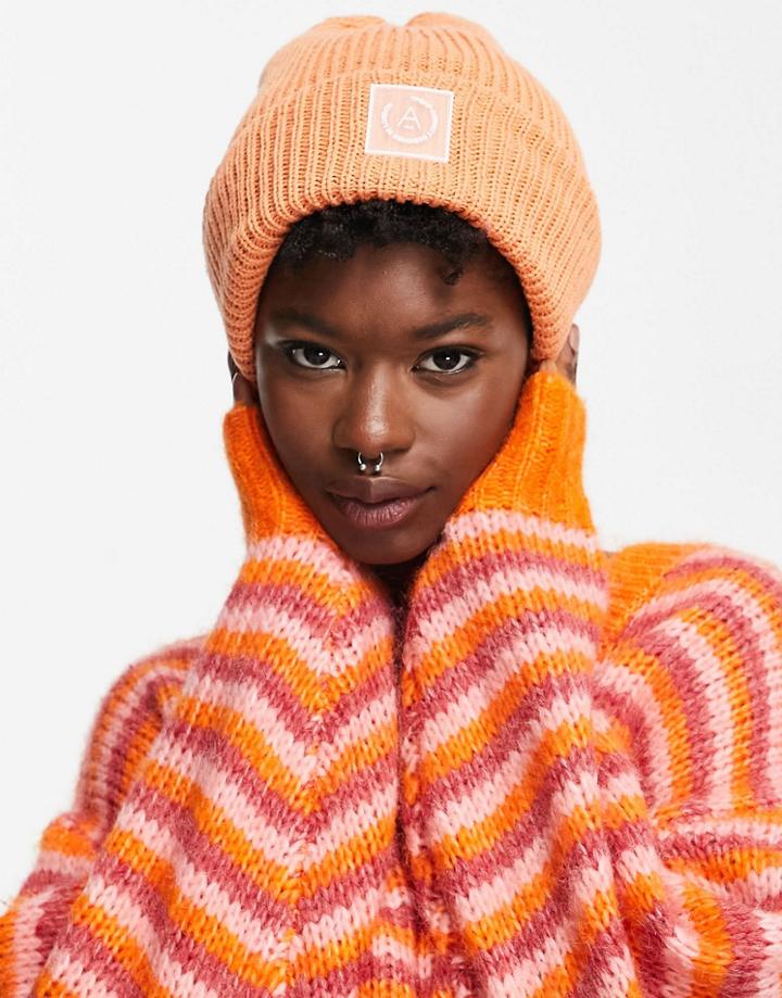 Topshop Fisherman Knit Beanie With Tab In Peach-orange