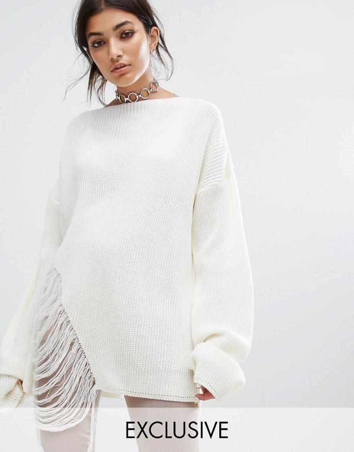 Bones Oversized Knit Sweater With Distressed Threading On Side - White