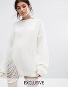 Bones Oversized Knit Sweater With Distressed Threading On Side - White