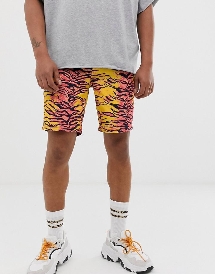 Asos Design Slim Denim Shorts In Pink Animal Print