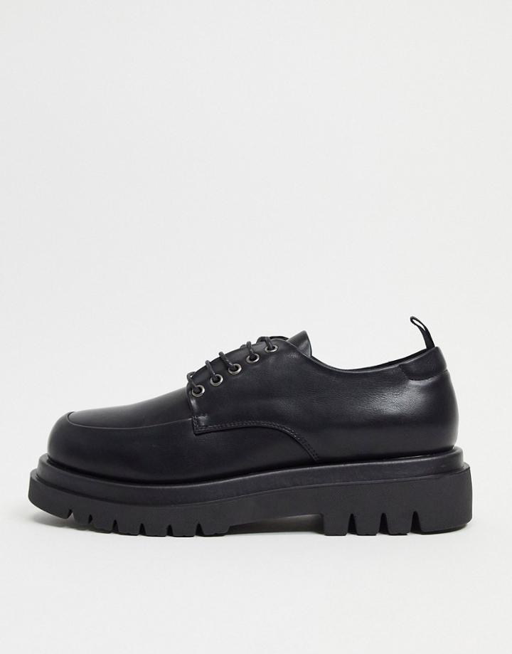 Truffle Collection Square Toe Chunky Lace Up Shoes In Black
