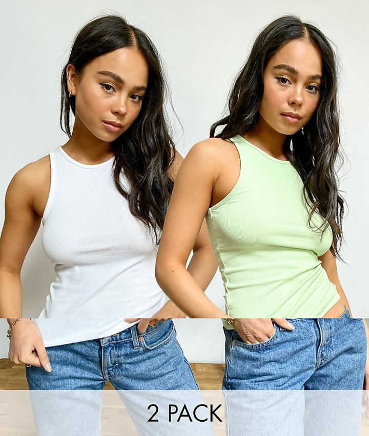 Weekday Stella Organic Cotton 2 Pack Ribbed Tank In White And Sage-multi
