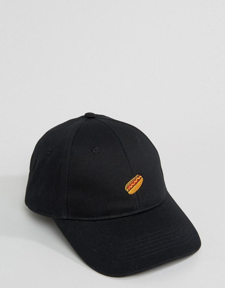 Asos Baseball Cap With Hotdog Embroidery In Black - Black