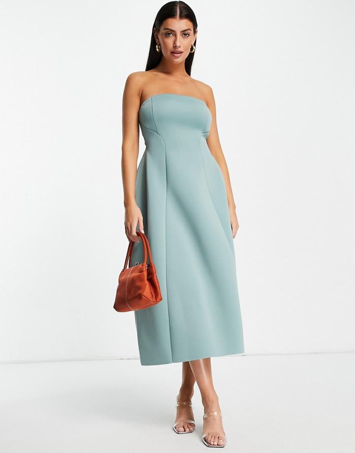 Asos Design Bandeau Open Back Midi Skater Dress In Sage-green