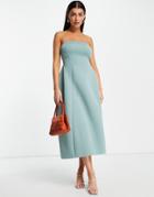 Asos Design Bandeau Open Back Midi Skater Dress In Sage-green