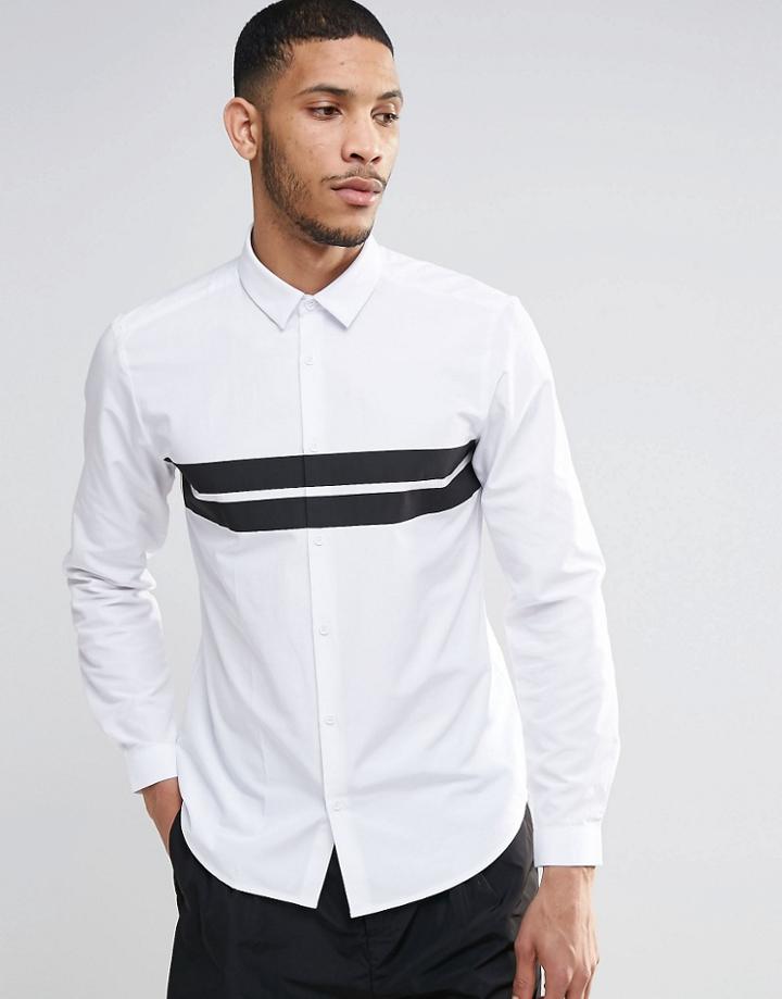 Asos White Shirt With Placement Print Chest Stripe In Regular Fit - White