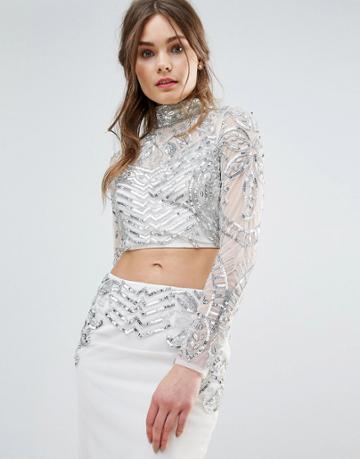 Frock And Frill Mesh Embellished Crop Top Co-ord - Cream