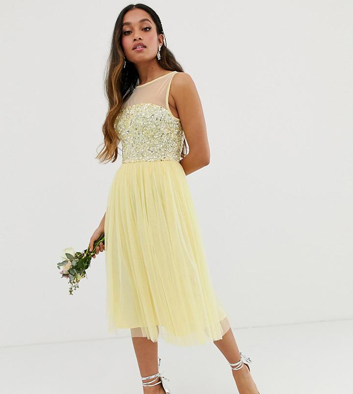 Maya Petite Bridesmaid Mesh Top Delicate Sequin Midi Dress In Lemon - Yellow