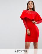 Asos Tall Ruffle Front Lace Mix Bodycon Mini Dress - Red