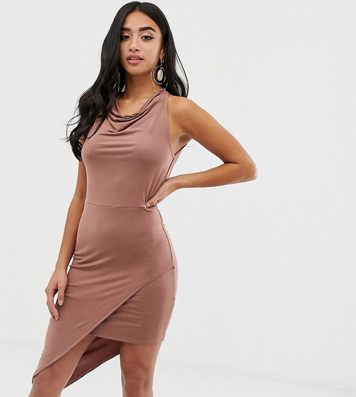 Asos Design Petite Halter Slinky Wrap Midi Dress-brown