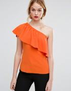 Warehouse Crepe Ruffle One Shoulder Top - Orange