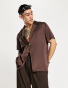 Asos Design Satin Wrap Shirt With Single Button In Brown