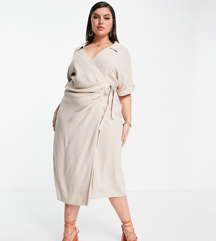 Asos Design Curve Linen Wrap Midi Dress In Stone-neutral