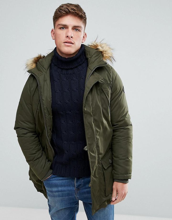 Solid Arctic Parka With Faux Fur Lined Hood - Green