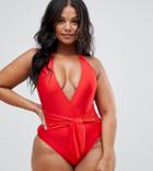 Unique21 Hero Deep Plunge Halterneck Belted Swimsuit - Red