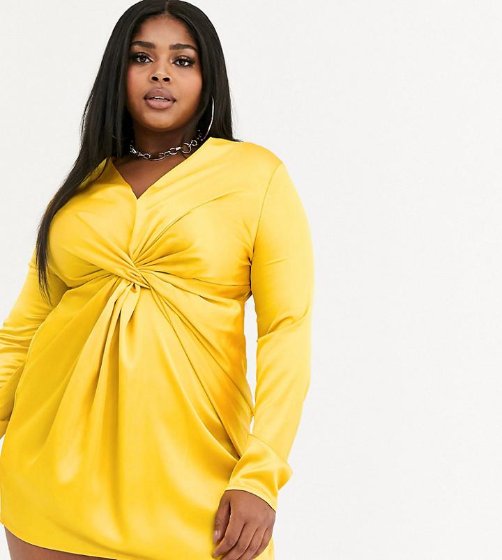 Koco & K Plus Satin Knot Front Mini Dress In Yellow