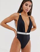 Free Society Plunge High Leg Belted Swimsuit In Black - Black
