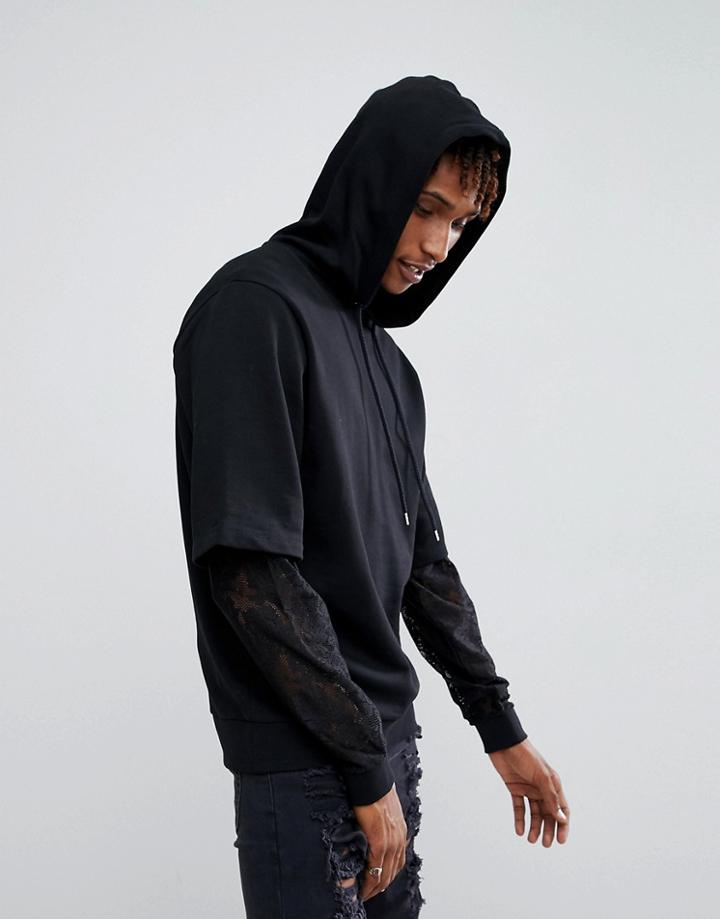 Asos Oversized Hoodie With Double Layer Lace Sleeve - Black