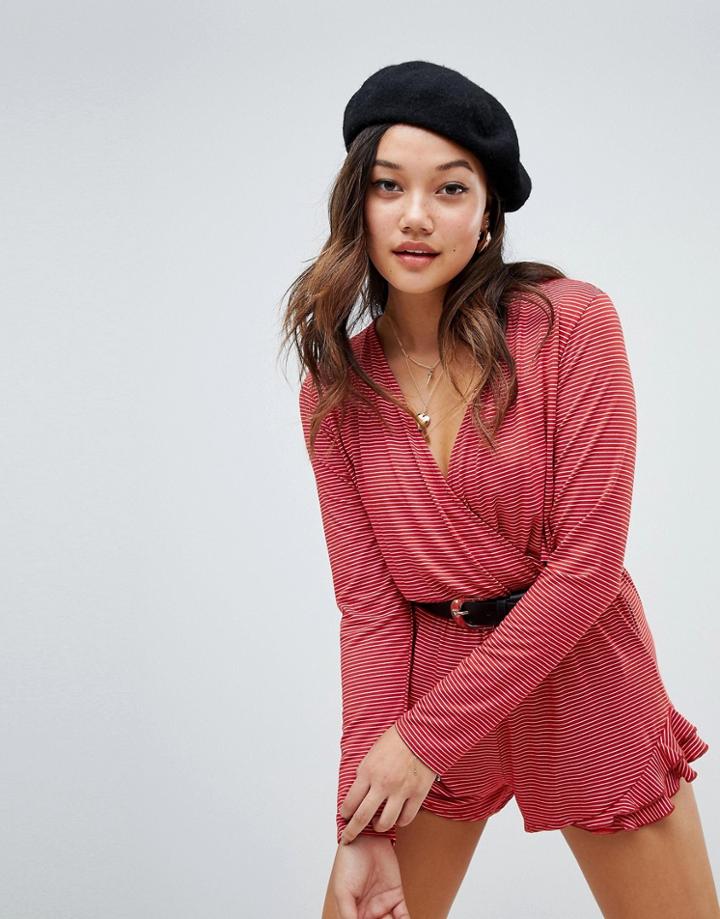 Honey Punch Long Sleeved Striped Romper With Ruffle Hem - Red