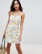 Asos Design Button Through Linen Mini Sundress In Floral Print - Multi
